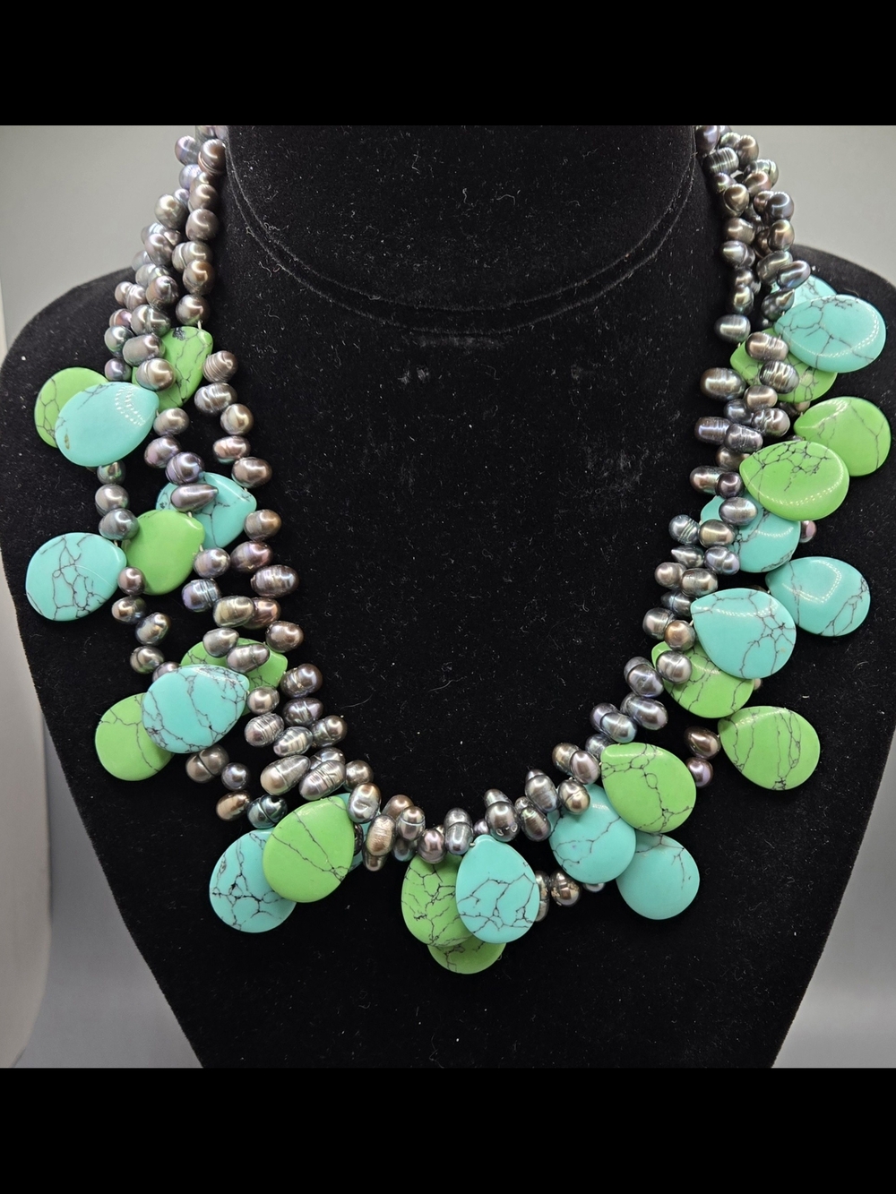 Genuine Fresh Water Pearls & Real Turquoise Necklace 3-Strand 15"
